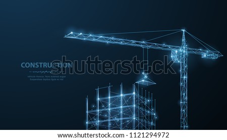 Construction. Polygonal wireframe building under crune on dark blue night sky with dots, stars. Construction, development, architecture or other concept illustration or background