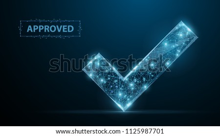 Approved. Low poly wireframe approved sign looks like constellation on blue night sky with dots and stars. Accept, approval success and confirmation symbol, illustration or background