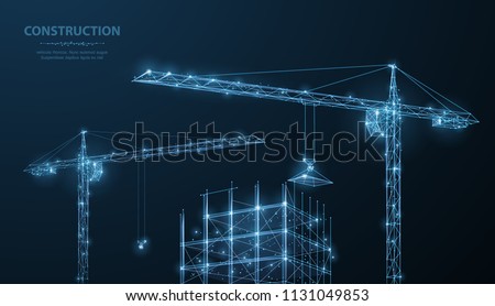 Construction. Polygonal wireframe building under crune on dark blue night sky with dots, stars. Construction, development, architecture or other concept illustration or background