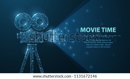 Movie time. Polygonal wireframe movie projector show film at night on dark blue with stars in him light. Cinema, movie, festival or other concept illustration or background