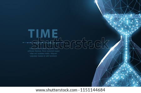 Sandglass. Low poly wireframe sandglass looks like constellation on dark blue background with dots and stars. Time, countdown, deadline concept illustration or background