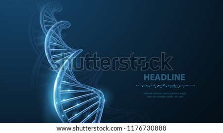 DNA. Abstract 3d polygonal wireframe DNA molecule helix spiral on blue. Medical science, genetic biotechnology, chemistry biology, gene cell concept vector illustration or background ストックフォト © 