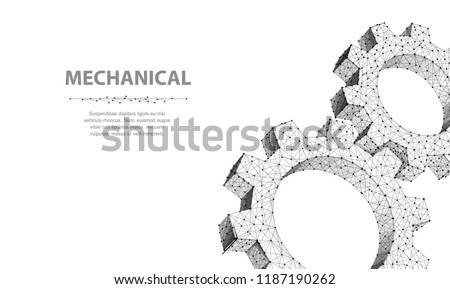 Gears. Closeup abstract vector wireframe two gear. 3d illustration isolated on white. Mechanical technology machine, Industry development, engine work, business solution, team work concept, background