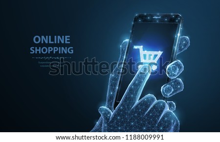 Mobile phone. Abstract vector closeup Illustration of smartphone in man holding hand and fingers touch shopingcart icon app. Dark blue background. Online shoping, internet store, e-commerce concept