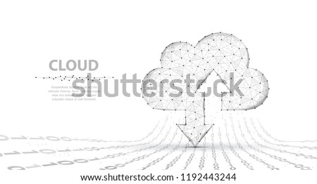 Cloud technology. Abstract polygonal wireframe cloud storage sign with two arrows up and down isolated on white with dots. Cloud computing, big data Concept illustration or background