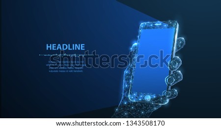 Mobile phone. Abstract polygonal wireframe closeup mobile phone with blank empty screen in holding man hand and fingers. Illustration dark blue background. Communication app smartphone concept