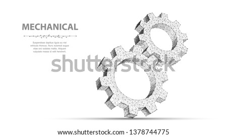Gears. Abstract 3d vector wireframe two gear. 3d illustration isolated on white. Mechanical technology machine, Industry development, engine work, business solution, team work concept, background