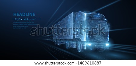 Truck. Abstract vector 3d heavy lorry van. Highway road. Isolated on blue. Transportation vehicle, delivery transport, digital cargo logistic concept. Freight shipping international industry.