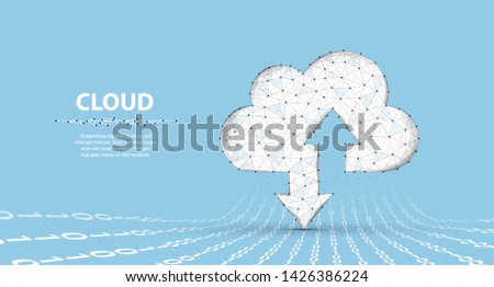 Cloud technology. Polygonal wireframe cloud storage sign with two arrows up and down on dark blue with dots, stars. Cloud computing, big data Concept illustration or background