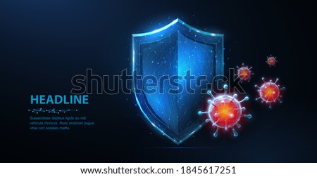 Shield vs virus. Abstract vector 3d shield viral microbe vs blue shield isolated. Computer virus safety, bacterial protection, pandemic fight, medical healthcare, insurance, antivirus firewall concept