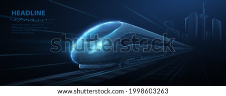 Fast express passenger train on high speed intercity railway moving from city. Futuristic technology. Modern town cityscape. 3d abstract railroad travel concept