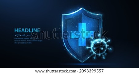 Shield with cross and virus. Abstract vector 3d viral microbe on shield. Virus safety, immune shield, antibacterial system, bacterial protection, pandemic fight, medical healthcare, insurance, concept