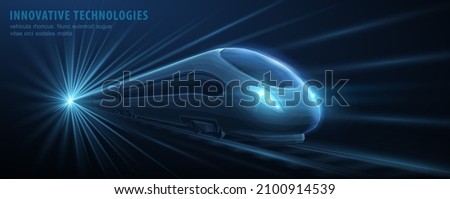 Fast modern express passenger train on high speed railway moving from flash light. Futuristic technology, hi tech future digital transport concept. Low pole 3d abstract illustration