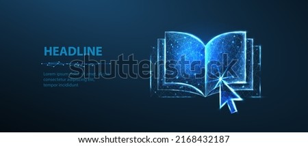 Arrow pointer clicking on digital book. Online library, e-education technology, distant study, educational resources, guide course, ebooks app, online seminar, e-learning resources concept.