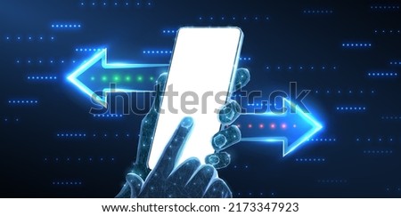 Phone in hands with blank screen and arrows. Money exchange, mobile banking, digital wallet, fast payment, send transaction, online transfer, smart pay, crypto transfer concept. Digital app mock up.