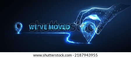 We have moved banner. Two pin icons with move path and hand. New office location, change business address, relocate store or shop, change site address concept Foto stock © 