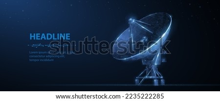 Parabolic antenna. Abstract 3d satellite antenna. Radio telecommunication, astronomical telescope, military radar, universe research observatory, data transmit, satellite signal receiver concept