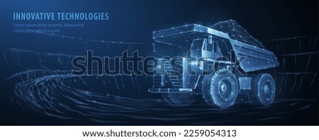 Dump truck. Abstract 3d large dumper on blue. Low pole. Mining machinery, industry equipment, Heavy career truck, open extraction, anthracite coal, gold mining, australian quarry, dumptruck concept