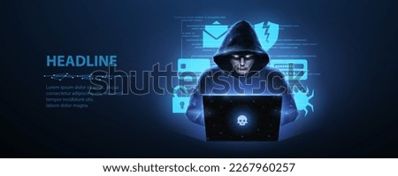 Hacker. Cyber criminal with laptop and related icons behind it. Cyber crime, hacker activity, ddos attack, digital system security, fraud money, cyberattack threat, malware virus alert concept