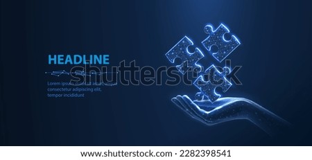 Three puzzles in hand. Digital solution, partners cooperate, matching solution concept. Partnership agreement, successful business strategy, team work, company merge symbol. Abstract concept