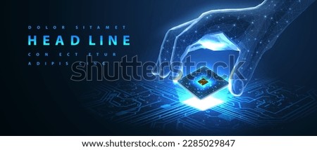 AI tech. Processor in digital hand on circuit board. Artificial intelligence, Semiconductor manufacturing, Computer chip, Artificial data, Processor technology, PCB manufacturing, Quantum computing