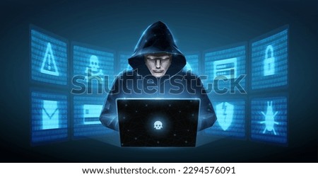 Hacker. Cyber criminal with laptop and related icons behind it. Cyber crime, hacker activity, ddos attack, digital system security, fraud money, cyberattack threat, malware virus alert concept