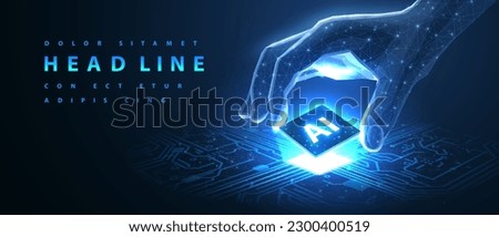 AI technology. Chip with AI latters and circuit board. Artificial intelligence, Computer chip, Future quantum computing, Deep learning algorithms, Tech innovation, Machine learning concept