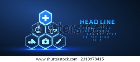 Healthcare system. Abstract pyramid of hexagons with medical icons and cross on top. Health care plan, patient service digital, technology, AI integrate, futuristic pharmacy innovation concept