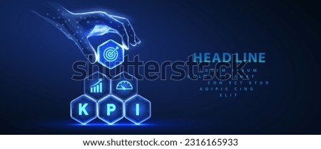 AI manages KPI. Key performance indicator icons on hexagons made a pyramid and hand hold the top element. Digital report, automatic data analytics, dashboard optimization, analyzing innovation concept