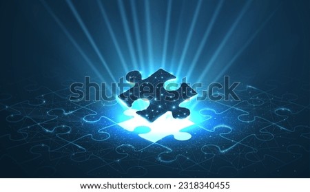 Single puzzle under a puzzle pattern with a shining bright puzzle hole. 3d abstract low pole. Business strategy, success digital solution, jigsaw games symbol. Creative idea, corporate mission concept