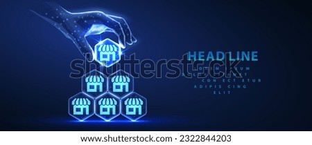 Franchise. Abstract 3D human hand holds store icon in hexagon on top of store pyramid. Manage a chain of stores, expand business, new branches, license and franchise concept. Digital AI technology.