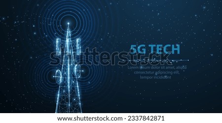 Abstract antenna mast on blue. 5G technology, telecommunication industry, telecom network, broadcast television, cell phone, 5G telecommunication, city communication, LTE transmitter concept.