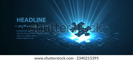 Single puzzle under a puzzle pattern with a shining bright puzzle hole. 3d abstract low pole. Business strategy, success digital solution, jigsaw games symbol. Creative idea, corporate mission concept
