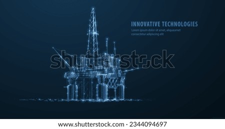 Oil rig. Abstract 3d floating rig platform isolated on blue. Gas platform, offshore drilling, refinery plant, petroleum industry, energy resource, innovation well drilling, oilfield equipment concept