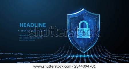 Secure technology. Polygonal wireframe shield with lock sign on dark blue. Secure service, protect data, cyber shield, antivirus solution, internet safety, firewall system, privacy concept