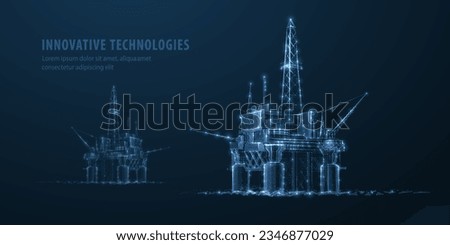 Oil rig. Abstract 3d floating rig platform isolated on blue. Gas platform, offshore drilling, refinery plant, petroleum industry, energy resource, innovation well drilling, oilfield equipment concept