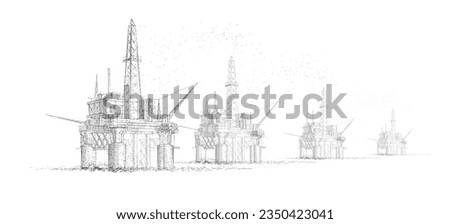 Oil rigs. Abstract 3d floating rig platform isolated on blue. Gas platform, offshore drilling, refinery plant, petroleum industry, energy resource, innovation well drilling, oilfield equipment concept