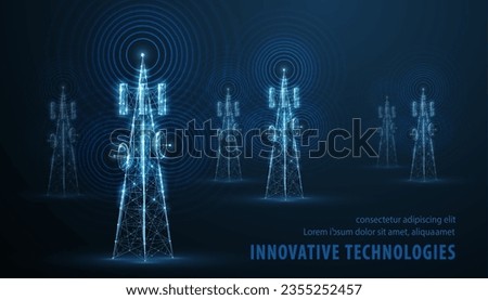 Abstract antenna mast on blue. 5G technology, telecommunication industry, telecom network, broadcast television, cell phone, 5G telecommunication, city communication, LTE transmitter concept.