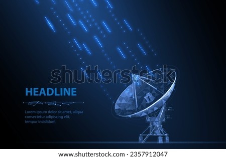 Parabolic antenna and signal. Abstract 3d satellite antenna. Radio telecommunication, astronomical telescope, military radar, universe research observatory, data transmit, satellite receiver concept