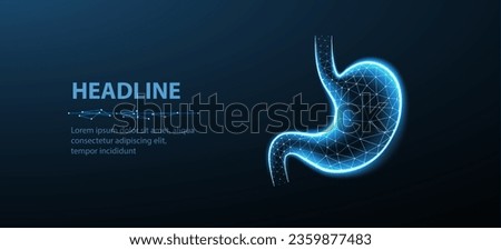 Abstract wireframe stomach illustrration. Stomach anatomy, 3D gastroenterology, gut health, endoscopy technology, digestive system, gastric organ, acid reflux disease, healthy intestine concept