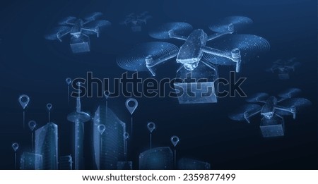 Drone. Low pole 3D drone on cityscape with pins. Futuristic box delivery, aerial technology, city drones , logistic innovation, urban food service, quadcopter tech concept. Polygonal illustration.