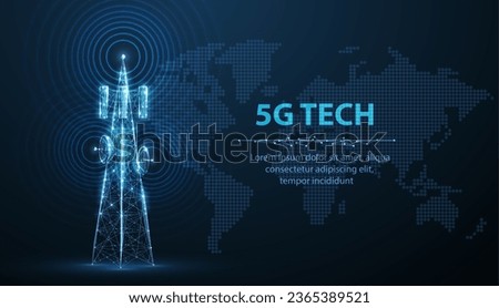 Abstract antenna mast with world map. 5G technology, telecommunication industry, telecom network, broadcast television, cell phone, 5G telecommunication, city communication, LTE transmitter concept.