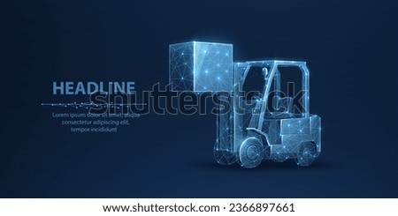 Forklift. Automated logistic service, digital warehouse, forklift technology, electric cargo machine, package delivery, AI industry equipment, factory transport. Polygonal illustration on blue.
