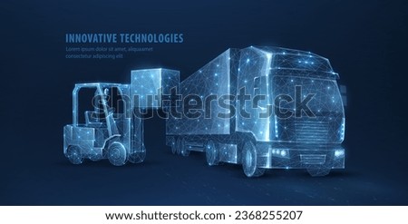 Abstract 3d truck and forklift. Truck transport, warehouse logistic, container shipment, cargo delivery, factory freight, package storage, heavy load, AI commercial vehicle, fast logistics concept.