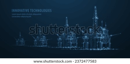 Oil rigs. Abstract 3d floating rig platform isolated on blue. Gas platform, offshore drilling, refinery plant, petroleum industry, energy resource, innovation well drilling, oilfield equipment concept