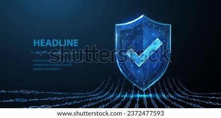 Secure technology. Polygonal wireframe shield with check mark sign on dark blue. Secure service, protect data, cyber shield, antivirus solution, internet safety, firewall system, privacy concept