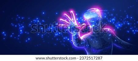 A man using a VR device for an immersive virtual experience in a metaverse. Virtual reality, 3D metaverse experience, augmented reality, AI technology, entertainment industry, educational learning