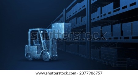 Forklift and warehouse. Automatic stock storage, modern distribution building, ecommerce warehouse, digital logistics, smart package hardware, AI delivery system, innovation in cargo. Abstract concept