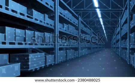 Smart warehouse. Automatic stock storage, modern distribution building, ecommerce warehouse, digital logistics, smart package hardware, AI delivery system, innovation in cargo, commercial storehouse