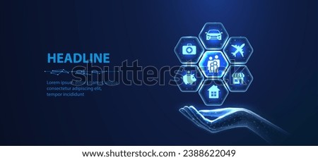 Complex family insurance. Insurance objects icons inside hexagons around family icon. Holding hand. Insurance protection, Family care, Travel assurance, System service, AI concept, Virtual assistant